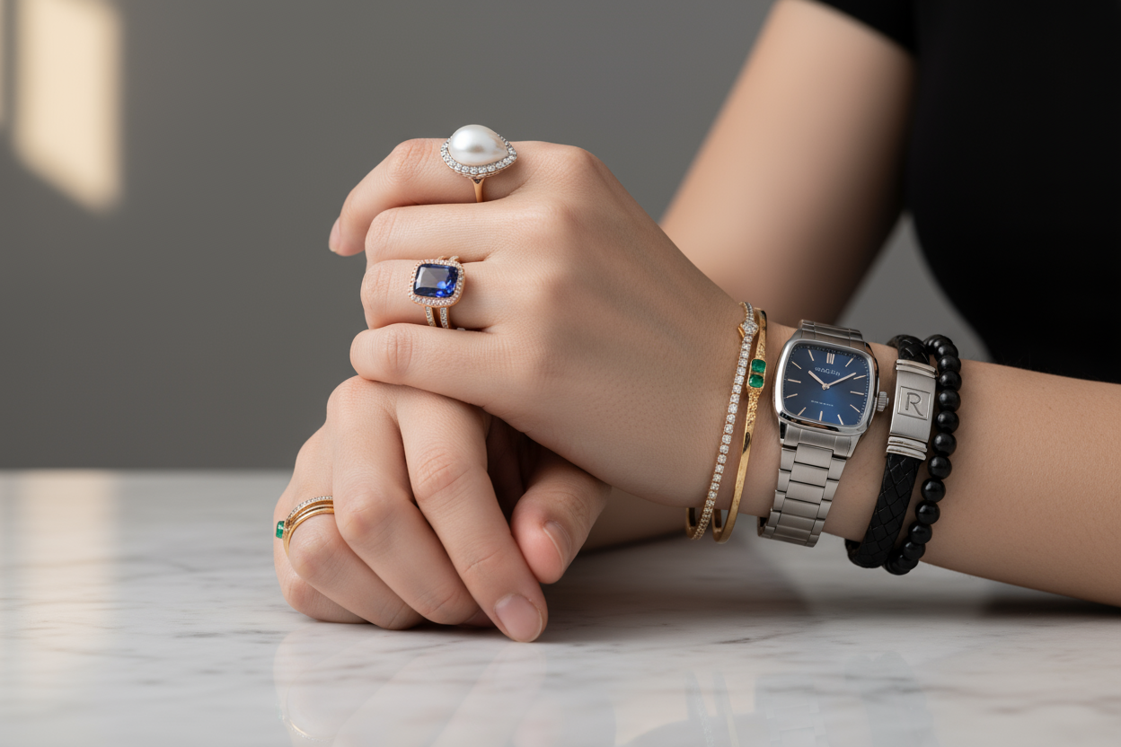 je veux deux mains qui porte deux montres et bracelet et bague